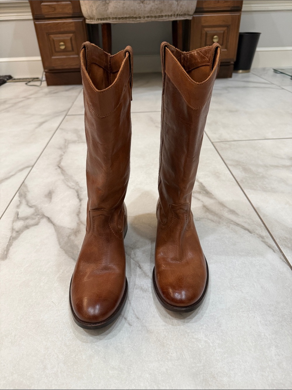 Frye Tall Leather Riding Boots in Cognac Brown